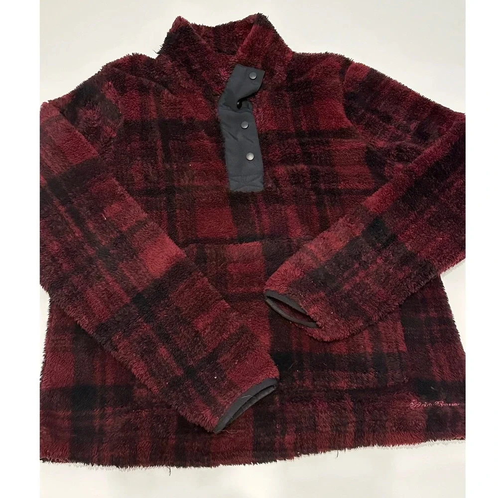 Eddie Bauer Womens Plaid Fleece Snap Neck Pullover Top Burgundy Black‎ M